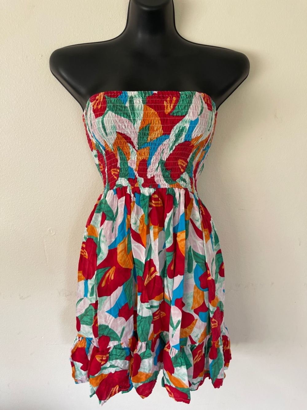 Yireh Strapless Floral Smocked Summer Dress in Red & Multicolor